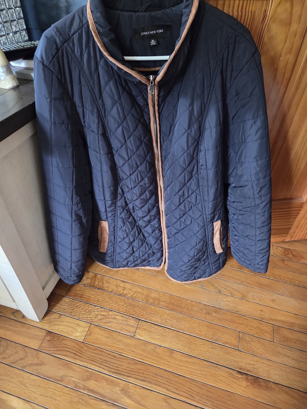 Jones New York Navy Quilted Jacket with Tan Trim
